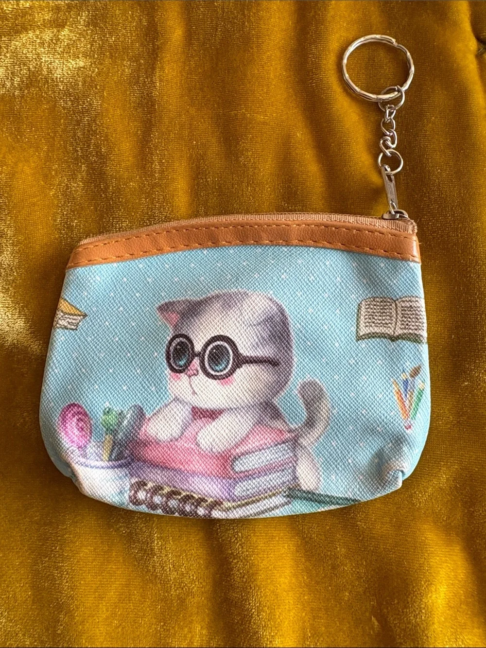 Cute Cartoon Kitty Cat Faux Leather Coin Purse in Light Blue with Tan Trim